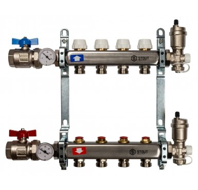 Коллектор STOUT из нержавеющей стали без расходомеров в сборе 4 выхода SMS 0912 000004