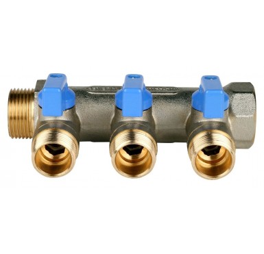 Коллектор STOUT с шаровыми кранами 3/4, 3 отвода 1/2 (синие ручки) SMB 6201 341203""