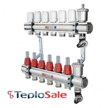 Коллекторный блок Valtec 1" x 3/4", "евроконус" со встроенными расходомерами на 5 контуров