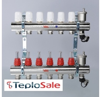 Коллекторный блок Valtec 1" x 3/4", "евроконус" со встроенными расходомерами на 5 контуров